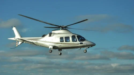 Helicopter flying in the sky with a clear blue background