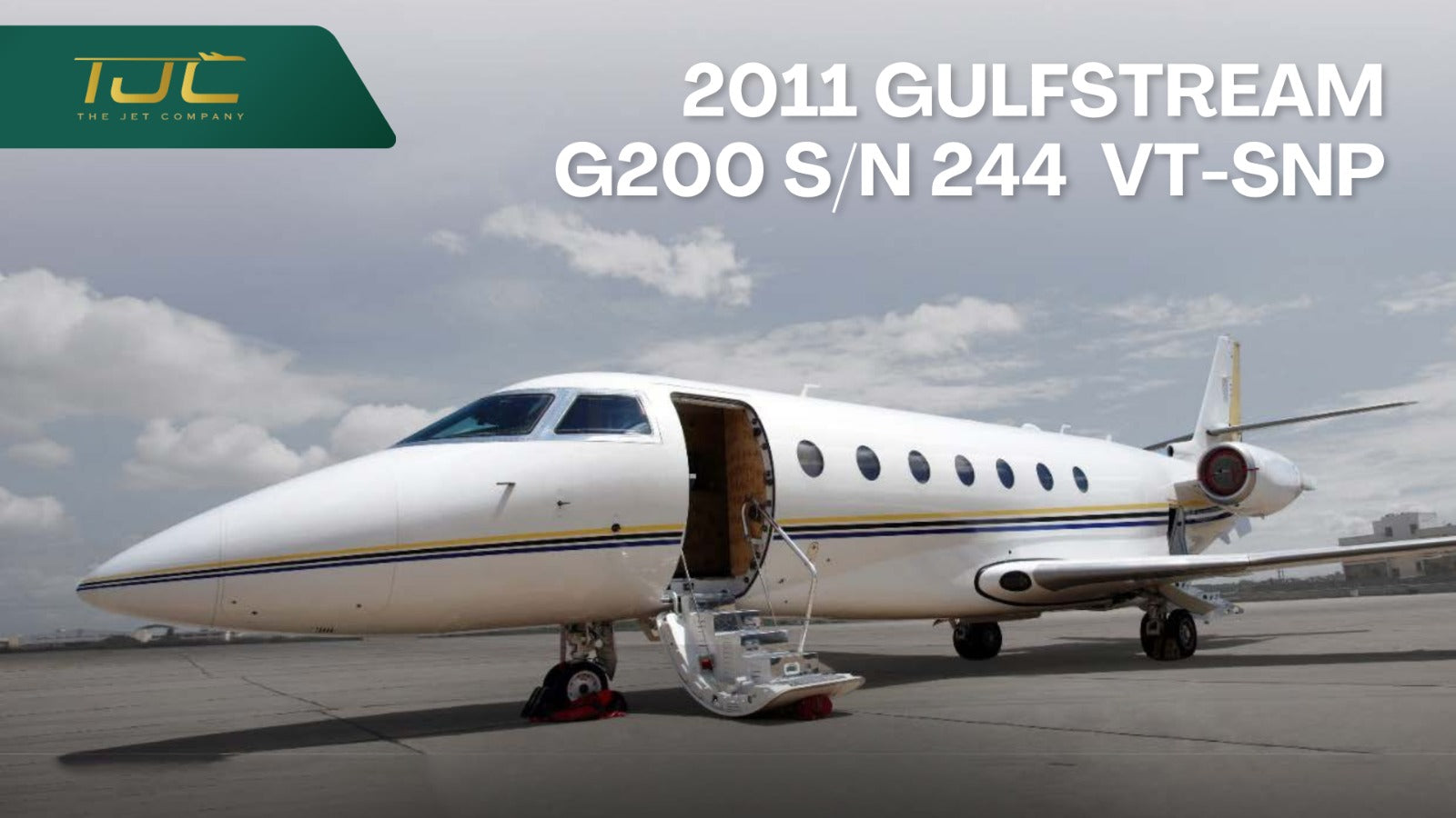 2011 Gulfstream G200 airplane on a runway with TJC logo and text.